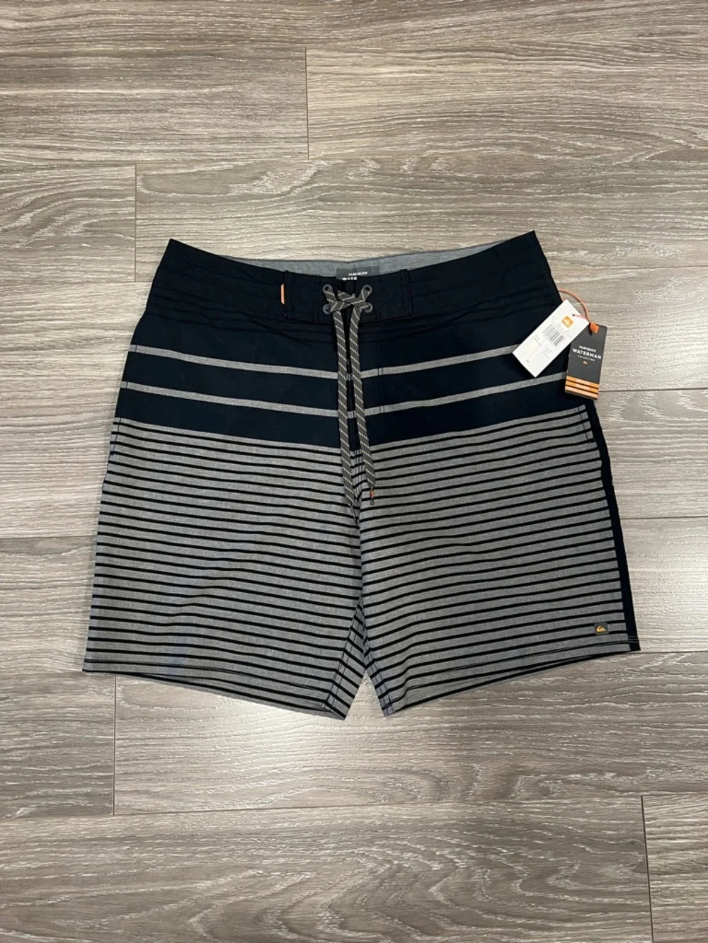 Quiksilver Watermen Collection Men’s Navy, Black and Gray Striped Boardshorts